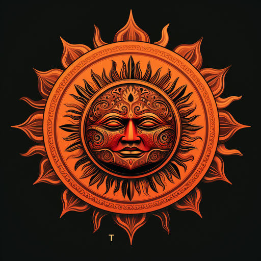 Sun with tribal symbols, Maori art style, Moche art