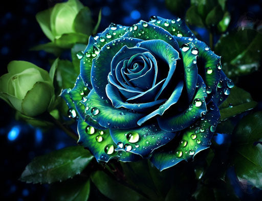 Green roses, joyful celebration of nature, dark emerald and azure