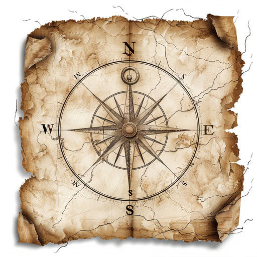 Vintage map with parchment texture, old-fashioned compass