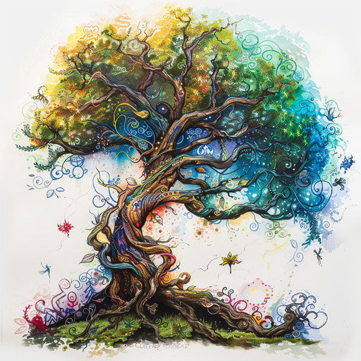 Fantasy tree of life with mythical creatures on white canvas