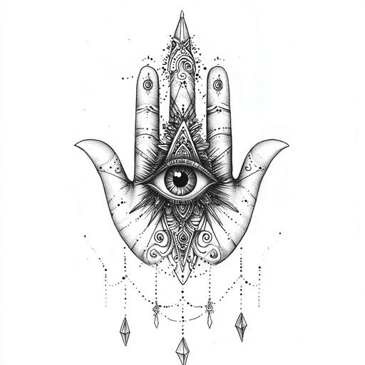 Hamsa hand tattoo with all-seeing eye on white background