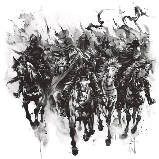 Dynamic black and gray tattoo of the Four Horsemen