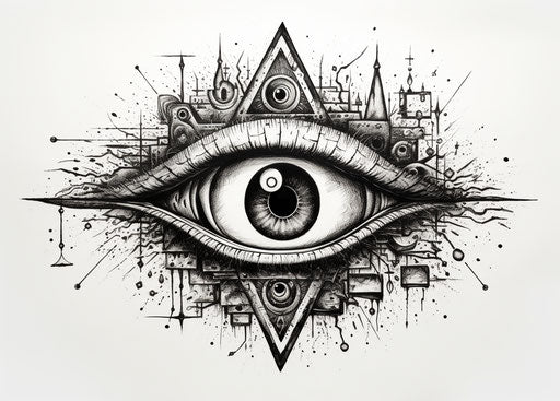 Tattoo of all seeing eye symbol, monumentalism style, exploratory lines