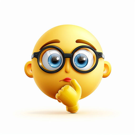 Thoughtful emoji with glasses on white and yellow