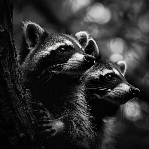 Raccoon in a high-contrast black and white photo