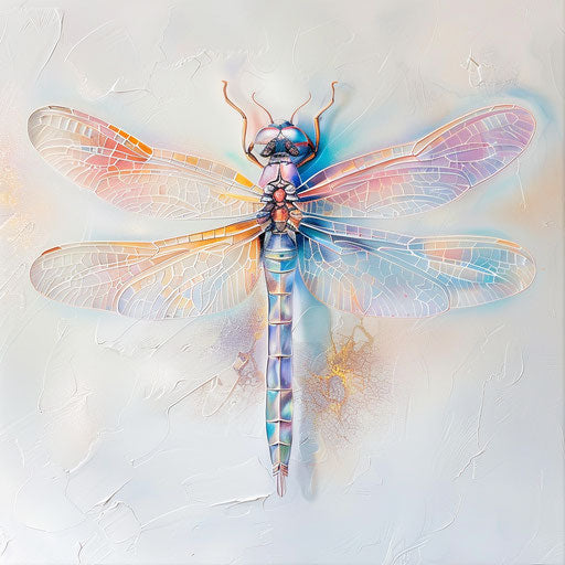 Cartoon dragonfly with iridescent wings on white canvas