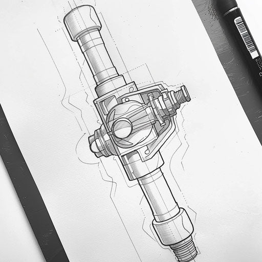 Flat tattoo sketch of a piston in a simple and mechanical style