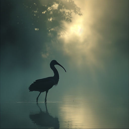 Ibis in a misty morning with an ethereal atmosphere