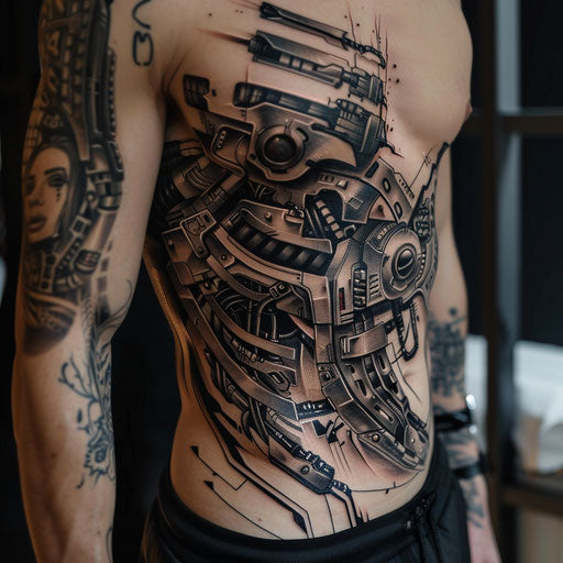 Men's stomach tattoos with a cyberpunk theme