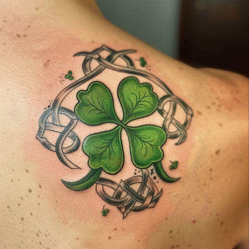 Vibrant Irish shamrock tattoo surrounded by small Celtic knots