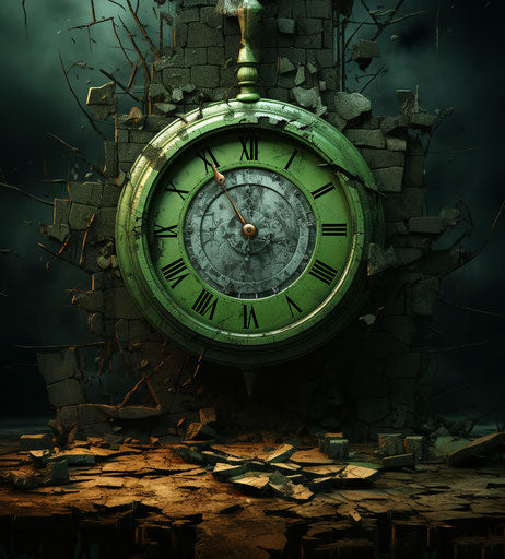 Green clock with white background, creepypasta style, steampunk