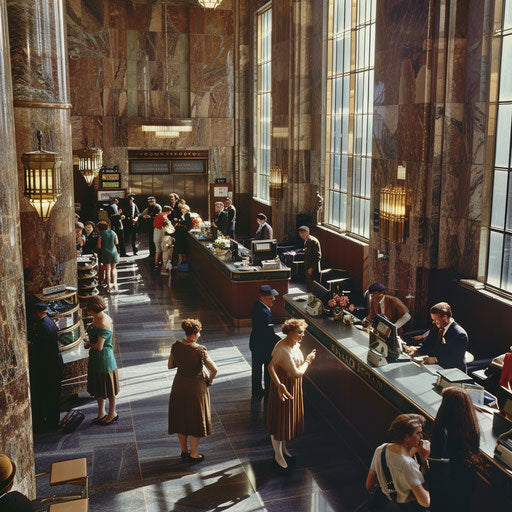 A bustling bank with customers and tellers
