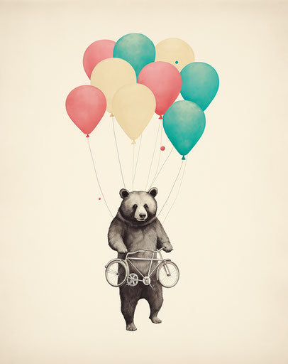 A bear on a bicycle amidst vibrant balloons