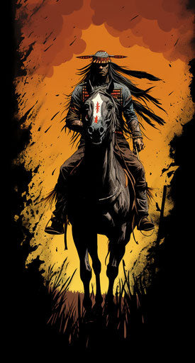 Indian horseback rider with feathers, creepy style, negative space