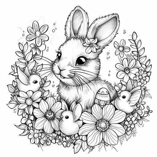 The Easter bunny surrounded by flowers and chicks. Coloring book page