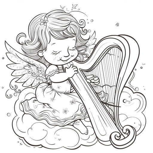 Angel playing harp on fluffy cloud