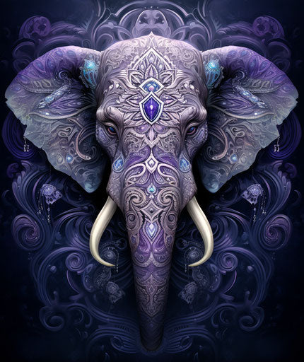 Elephant with tribal elements on its trunk, layered imagery style with subtle irony, dark white and light purple, detailed facial features, tattoo, silver and gray, symmetrical arrangement