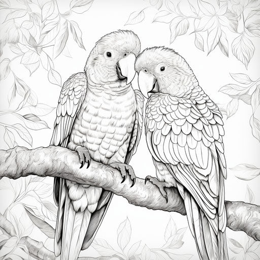 Two parrots in the forest, gold and aquamarine coloring pages