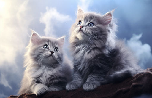Two grey kittens sitting on top of a scratching post in blue and silver