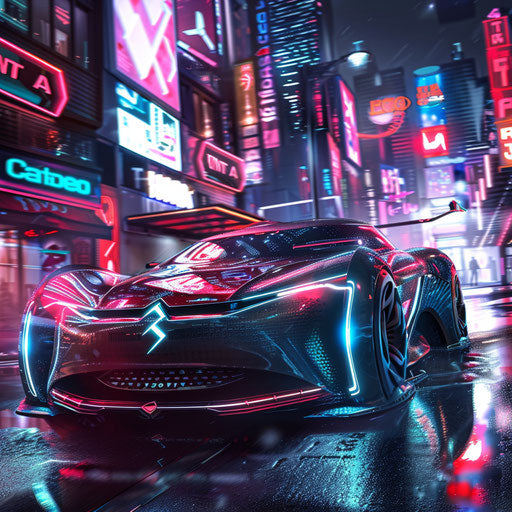 Cyberpunk Citroen DS 20 in neon-lit megacity