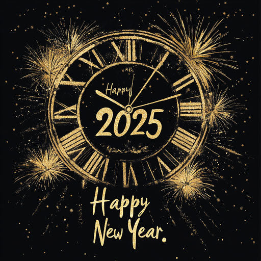 Happy New Year 2025 - Golden fireworks around a clock