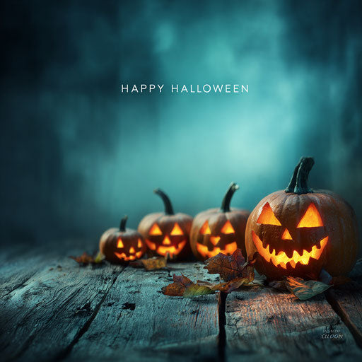 Illuminated pumpkins on a rustic table