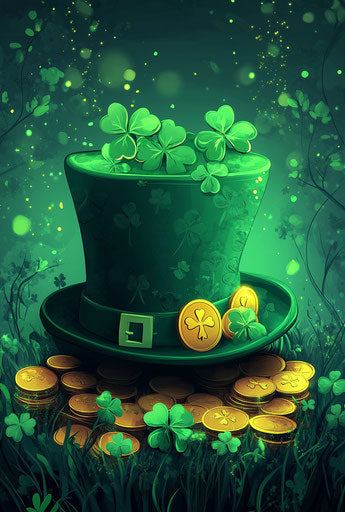Green hat with gold coins and shamrocks, cartoon style