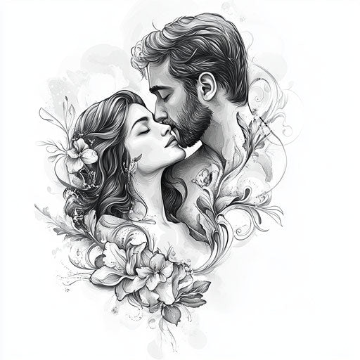 Beautiful flat tattoo sketch mom and dad in realistic grayscale