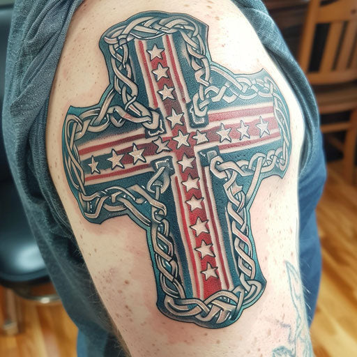 Patriotic Celtic cross with national flags on white background