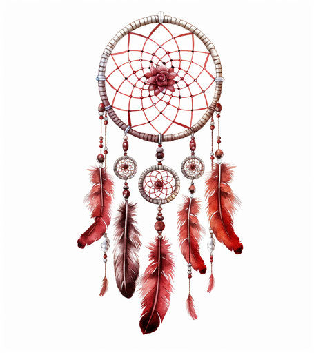 Dream catcher, isolated drawing, light silver and dark maroon style, detailed vintage