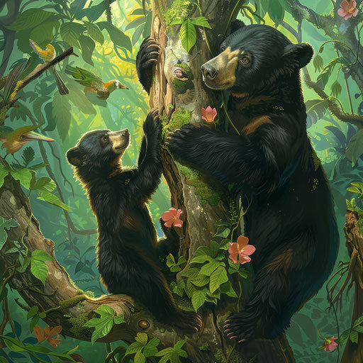 Bear cub learning to climb a tree with mother in the forest