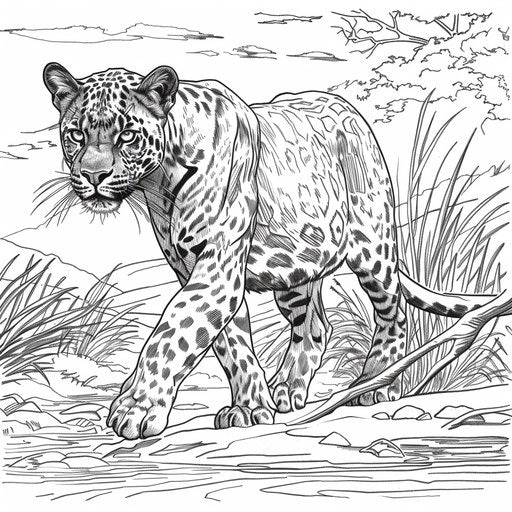 Black panther gracefully walking along a riverbank