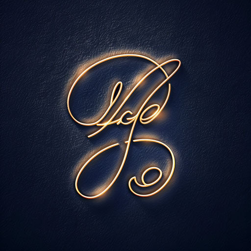Neon logo with elegant script font and neon gold accents, on a dark navy background