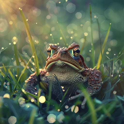 Frog in dewy grass early in the morning
