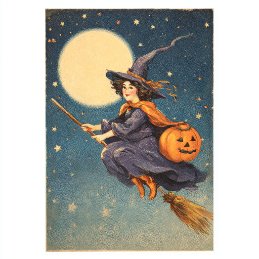 Whimsical young witch flying on a broom under stars
