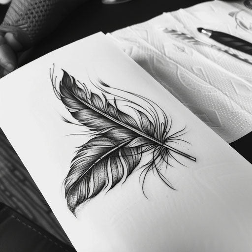 Feather tattoo with optical illusion in black and white
