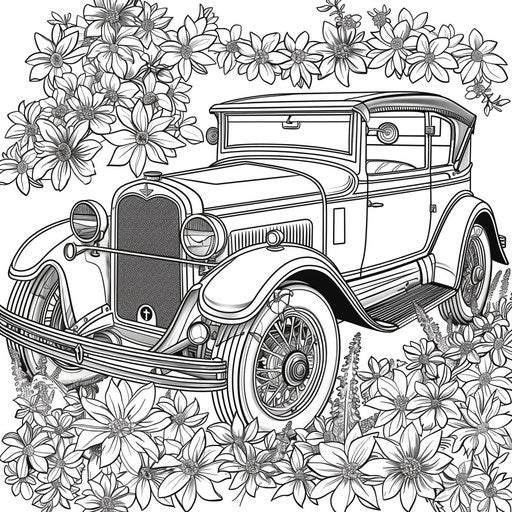 Vintage car surrounded by blooming flowers. Coloring book page