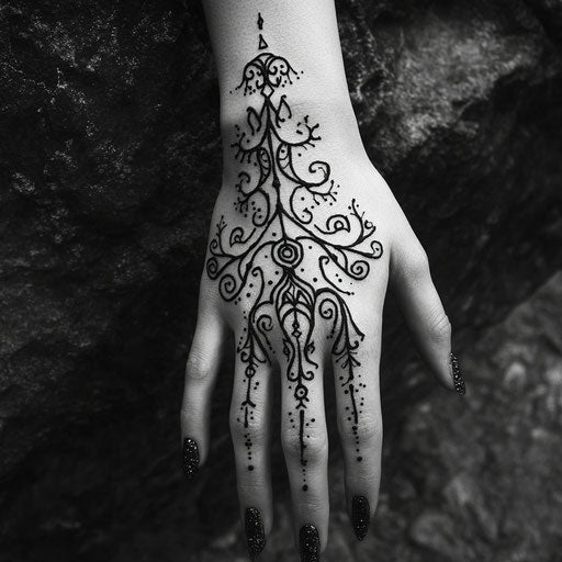 Henna hand tattoo with elven motifs and flowing lines