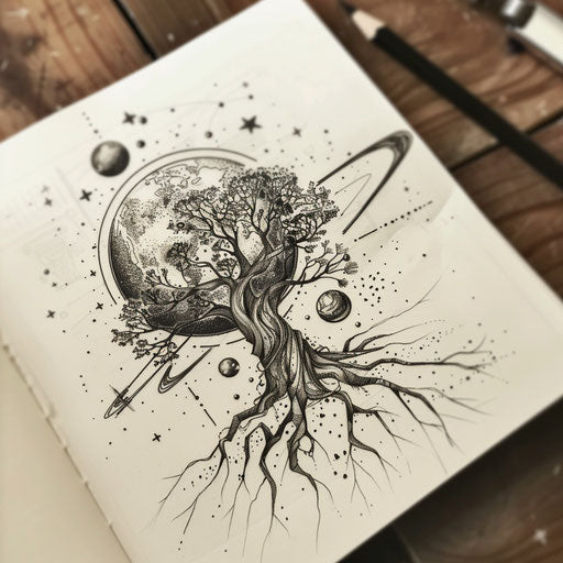 Cosmic tree of life tattoo sketch with celestial bodies