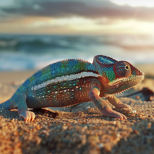 Chameleon on a sandy beach at dawn, colors shifting with the sunrise over the ocean