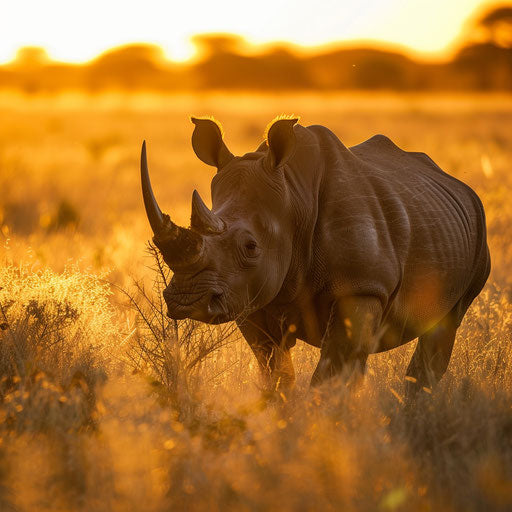West African black rhinoceros standing majestically in the golden savannah at sunset