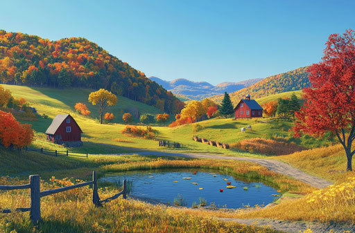 Green hills, colorful trees, rustic farmhouses