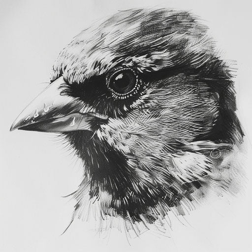 Realistic portrait of a sparrow, detailed feathers and eyes on white