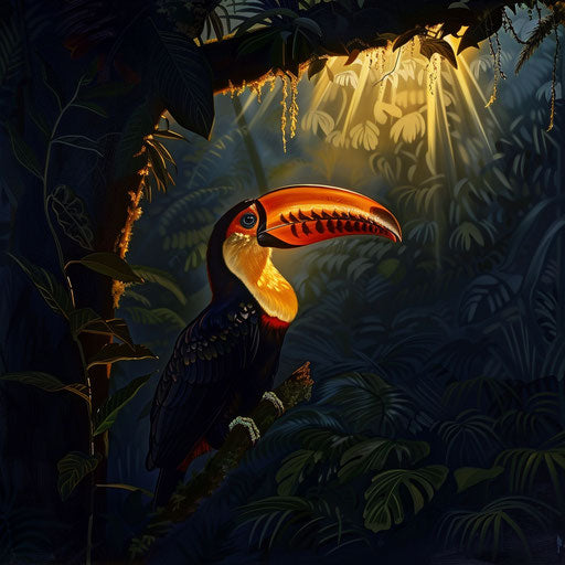 Toco toucan at dawn in the forest
