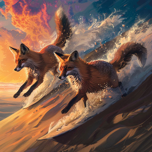 Foxes surfing the sand dunes at dusk