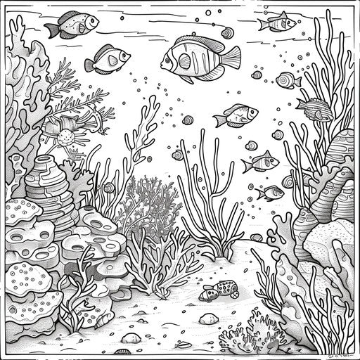 Satirical cartoon of coral reefs in the style of a coloring book