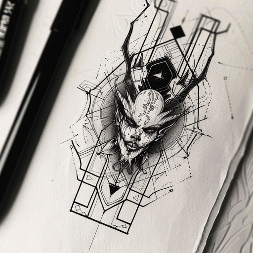 Flat tattoo sketch inspired by art deco with a shinigami framed by geometric patterns