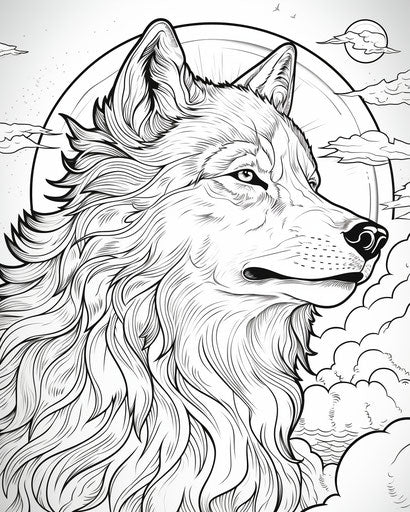 Wolf coloring page with elegant moon, organic style