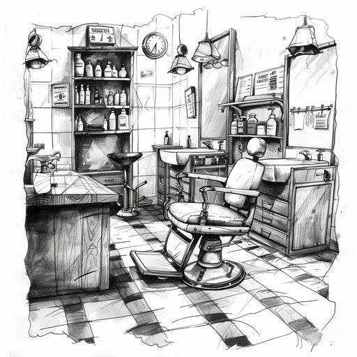 Artistic flat tattoo sketch of a barbershop interior scene in monochrome