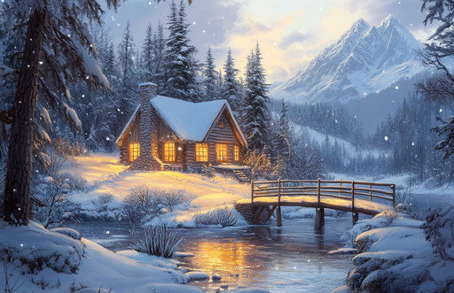 Winter cabin in snowy mountains